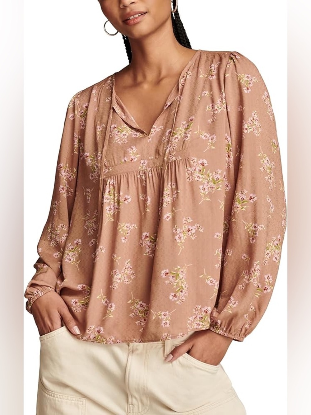 LUCKY BRAND Taupe Floral Peasant Top-Boho Blouse- Size Small NWT - Picture 7 of 10